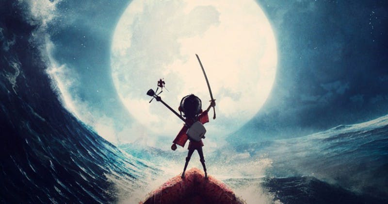 A boy stands at the bow of a dinghy on a moonlit night, proudly raising a katana blade in the air while facing the moon and rough seas.